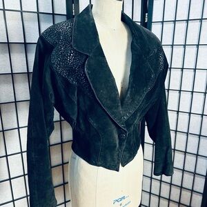 CHIA Vintage Black Suede Leather Cropped Jacket
